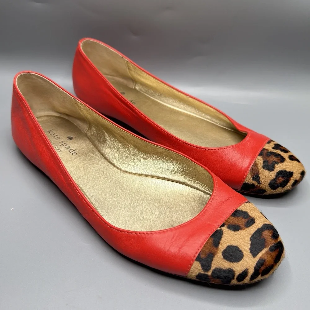 Kate Spade New York Coral Red Leather Cheetah Calf Hair Cap Toe Flats Womens 8.5